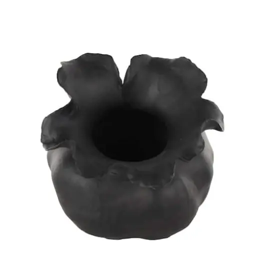 8.75" Black Ceramic Abstract Wide Rounded Floral Shaped Decorative Vase with Petal Rim {4}