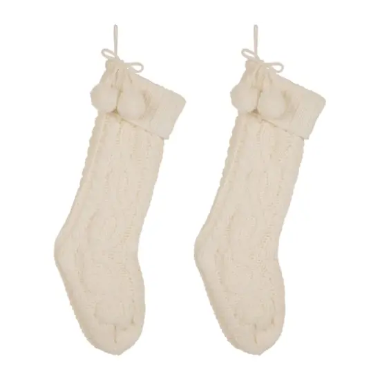 Glitzhome&reg; 24" White Knitted Polyester Christmas Stocking with Pom Pom, 2ct. {1}