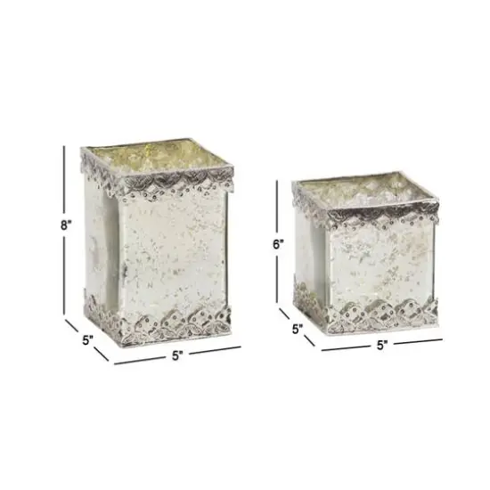 Set of 2 White Glass Glam Candle Holder, 6", 8" {7}