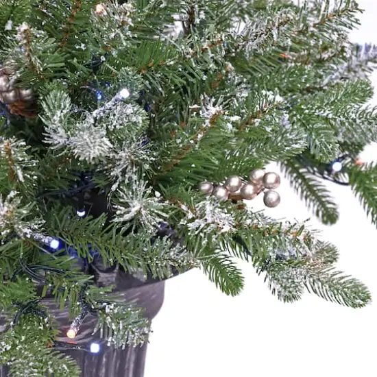 24" Feel Real&reg; Snowy Morgan Spruce Porch Bush in Silver Brushed Plastic Urn with Cones & Champagne Berries {4}