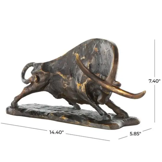 14.5" Black Polystone Bull Distressed Textured Decorative Sculpture with Gold Accents {8}