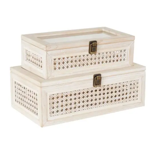 Cream Metal Handmade Woven Storage Box with Bronze Latches & Tempered Glass Tops Set {9}