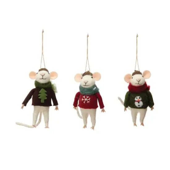 Hello Honey&reg; 3 Pack 4.75" Mouse in Hat & Sweater Wool Felt Ornaments {1}