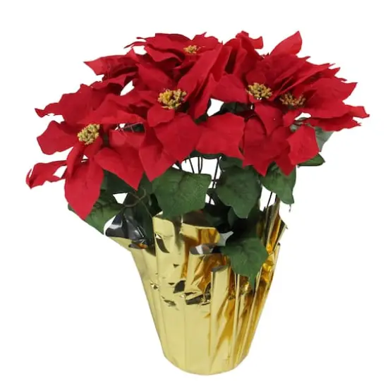 20" Red Artificial Christmas Poinsettia with Gold Wrapped Pot {1}