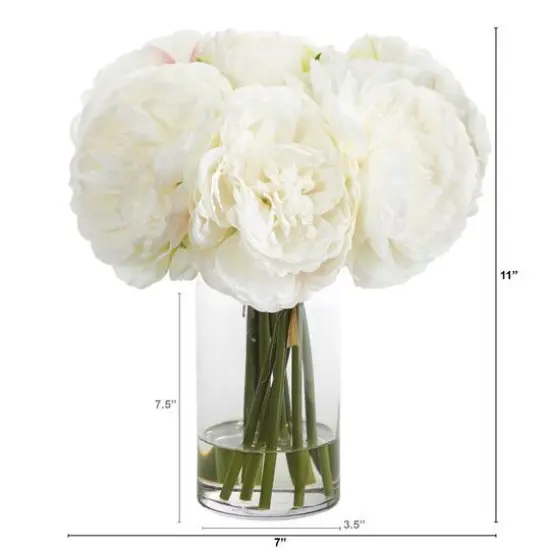 11" White Peony Bouquet in Glass Vase {3}