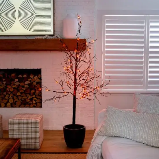 6ft. Orange & Purple LED Pre-Lit Halloween Deluxe Black Twig Artificial Fall Tree {9}