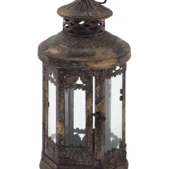 Brown Iron Rustic Candle Holder Lantern, 13" x 6" x 6" {4}
