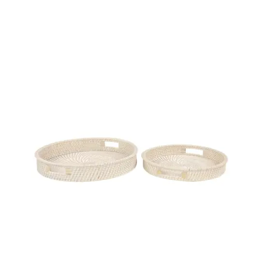 Set of 2" Cream Wood Boho Style Tray, 20", 16" {1}