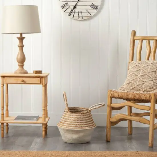 14'' Cream & Natural Cotton & Jute Boho Chic Belly Basket Planter {6}