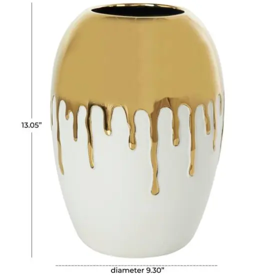 CosmoLiving by Cosmopolitan 13" White Ceramic Vase with Abstract Gold Melting Drips {9}