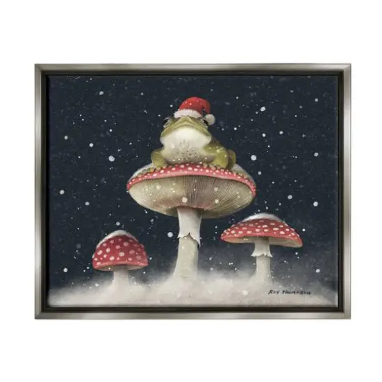 Stupell Industries Frog In Santa Hat Snowy Mushrooms Framed Floater Canvas Wall Art Gray {1}