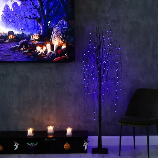 6ft. Orange & Purple LED Pre-Lit Halloween Black Willow Artificial Fall Tree {11}