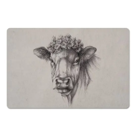 Flower Crown Cow Sketch 18" x 27" Floor Mat {1}