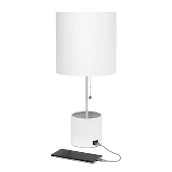 Simple Designs 18.5" Hammered Metal Container Base Table Lamp with USB Charging Port White {7}