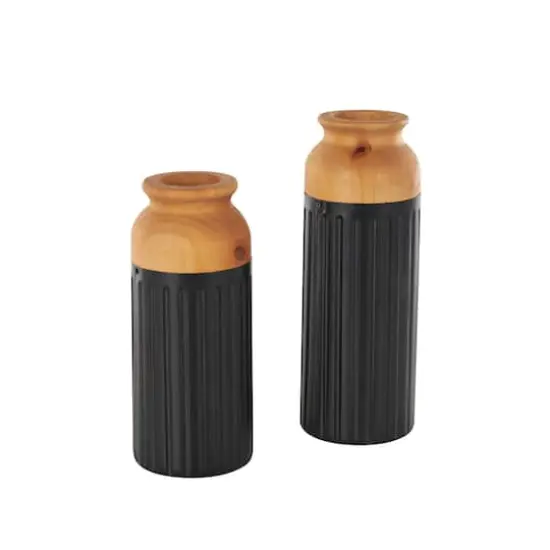 Black Metal Color Block Decorative Vase with Rounded Linear Grooves & Brown Wood Tops, 2ct. {4}