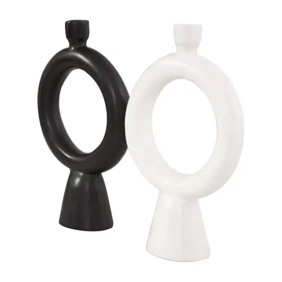 CosmoLiving by Cosmopolitan 12" Black & White Ceramic Geometric Ring Taper Candle Holder Set {5}