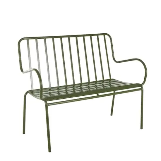 44.25" Green Metal Slatted Outdoor Bench with Curved Armrests {3}