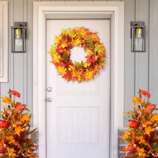 Glitzhome&reg; 24" Fall Lighted Maple Leaves Wreath with Timer {12}