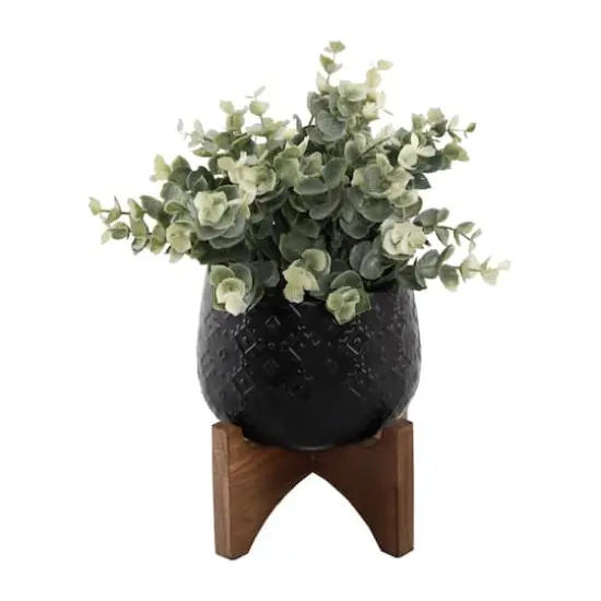 Flora Bunda&reg; 5" Eucalyptus Matte Black Indian Ceramic Pot On Wood Stand {1}