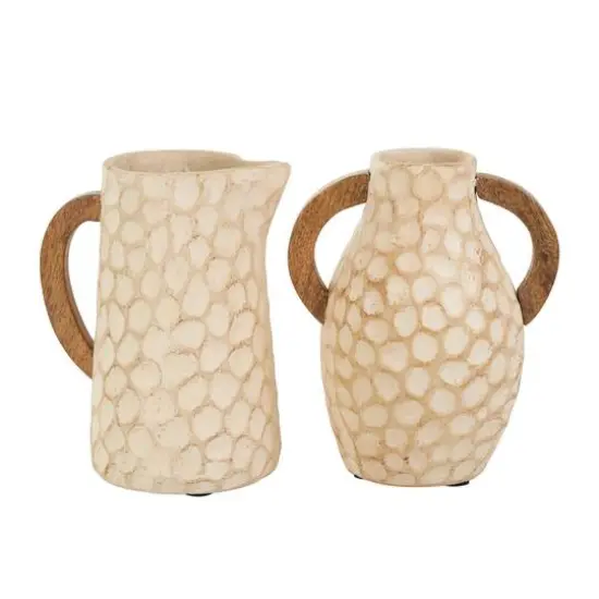 Beige Paper Mache Honeycomb Inspired Jug Vase with Wooden Handle Set {11}