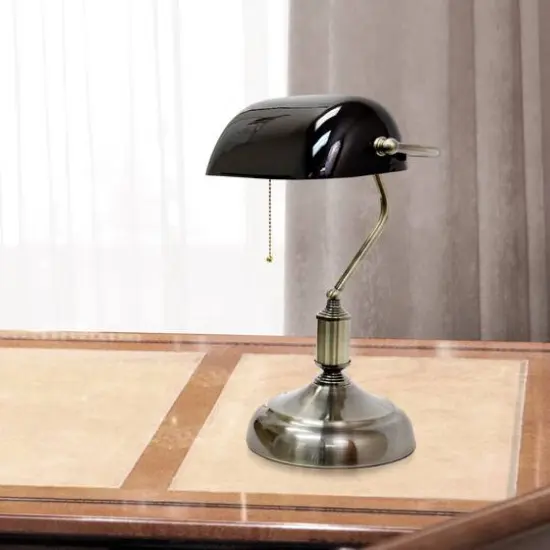 Simple Designs 15" Executive Banker's Desk Lamp with Glass Shade Black/Antique Nickel {5}