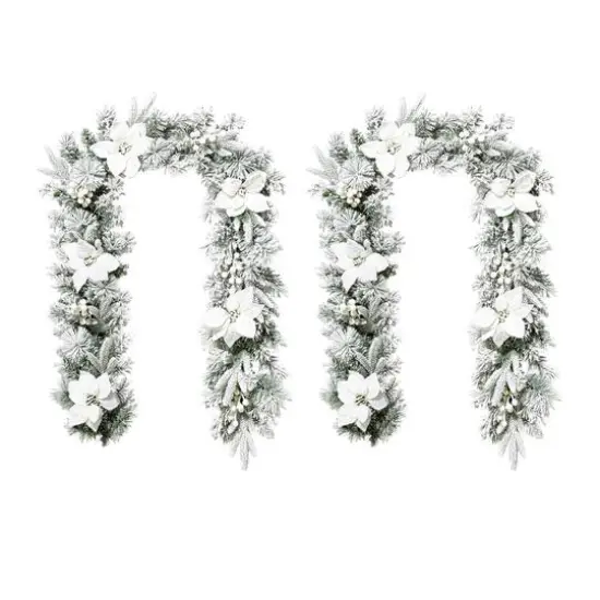 Glitzhome&reg; 6ft. Pre-Lit Flocked Pine & White Poinsettia Christmas Garlands with Timers, 2ct. {7}