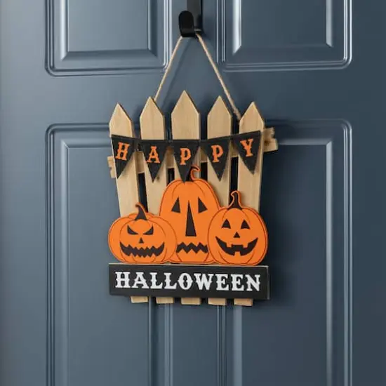 Glitzhome&reg; 14"H Halloween Wood Jack O Lantern Door Hanger {5}