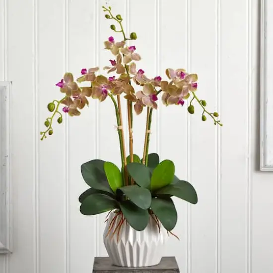 22" Cream & Purple Moth Orchid Silk Arrangement in White Vase {4}
