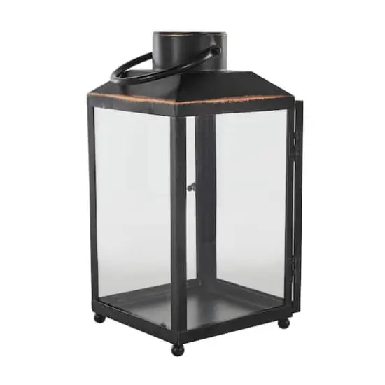 14" Black Metal Modern Candle Lantern with Gold Accents {5}