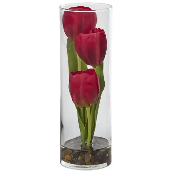 10" Red Tulip Silk Arrangement in Glass Cylinder Vase {1}