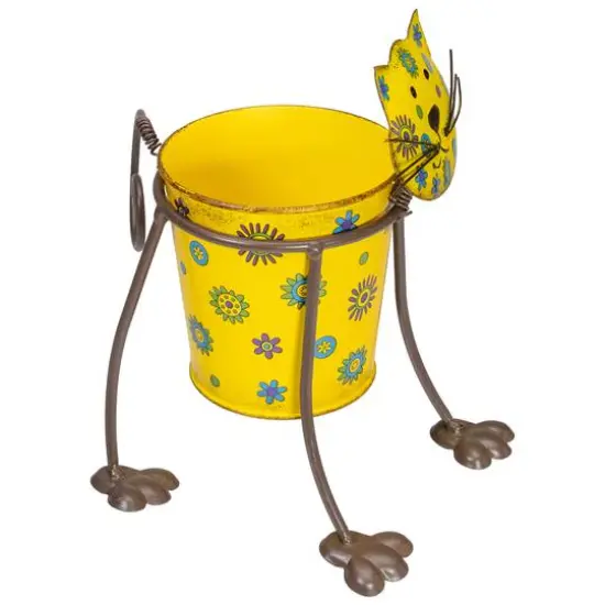 9" Yellow Floral Metal Cat Garden Planter {7}