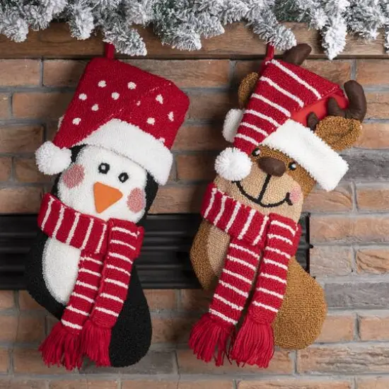 Glitzhome&reg; 19" Penguin & Reindeer Hooked Stocking Set {4}