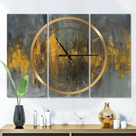Designart Black & Gold Glam Abstract 3 Panel Modern Wall Clock {3}
