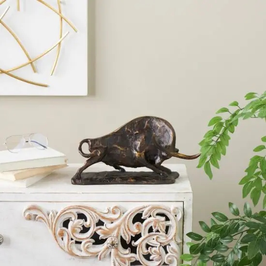 14.5" Black Polystone Bull Distressed Textured Decorative Sculpture with Gold Accents {9}