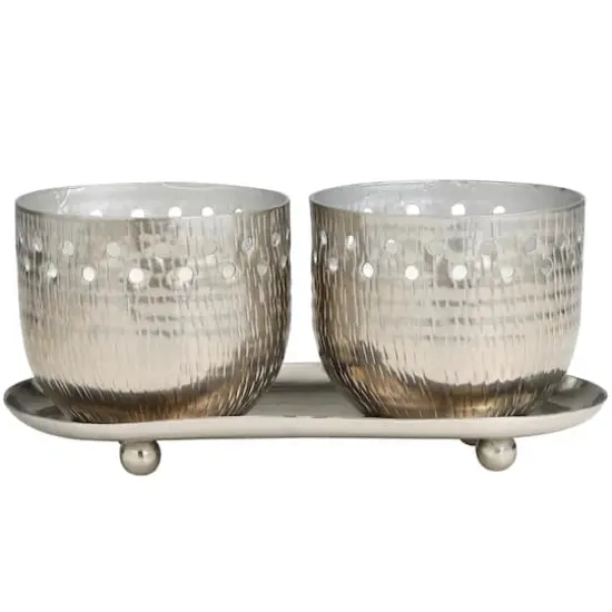 White Wax Vanilla Marshmallow Scented Candle Set with Cutout Spotted Silver Container and Oval Holding Tray {6}