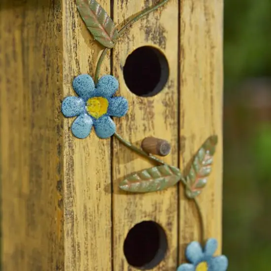 Glitzhome&reg; 11.75" Yellow Washed 3D Metal Flowers Distressed Wood Cottage Birdhouse  {7}