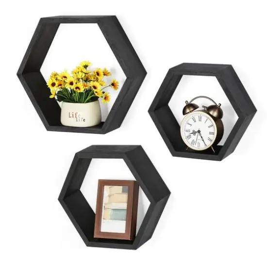 NEX&trade; Black Wall-Mounted Hexagon Floating Shelves Set {5}
