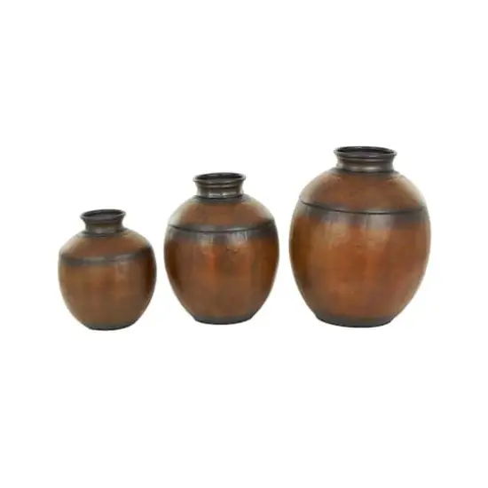 Brown Metal Antique Style Round Pot Floor Vase Set {1}
