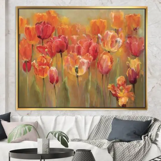 Designart - Red Handpainted Tulips - Traditional Canvas in Gold Frame {3}