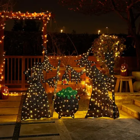 Glitzhome&reg; Set of 3 Lighted Halloween 2.5D Witches with Cauldron Outdoor Decor {5}