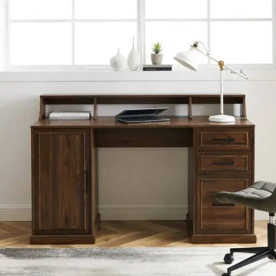 Walker Edison 58" Dark Walnut 3 Drawer Computer Desk with Hutch {6}