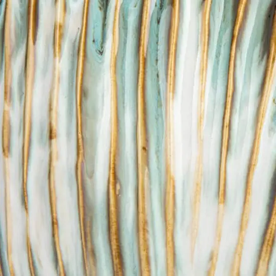 Hello Honey&reg; 12" Green & White Pleated Sculptural Stoneware Vase with Reactive Glaze {5}