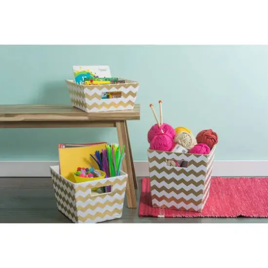 DII&reg; 13" Trapezoid Polyester Chevron Storage Bin Gold {4}