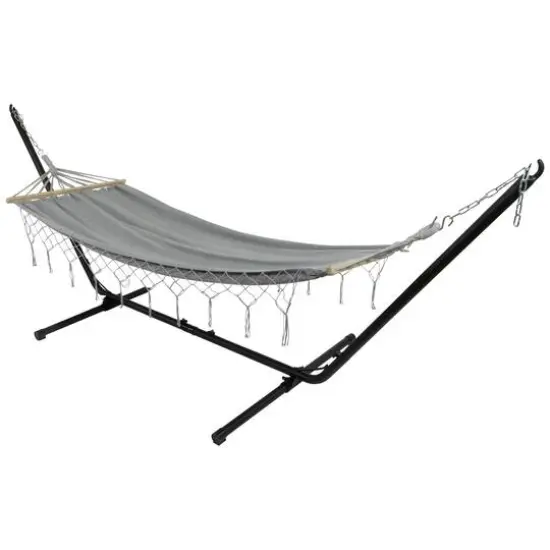 100" x 41" Hammock with Netted Fringe & Wooden Bars Gray {5}