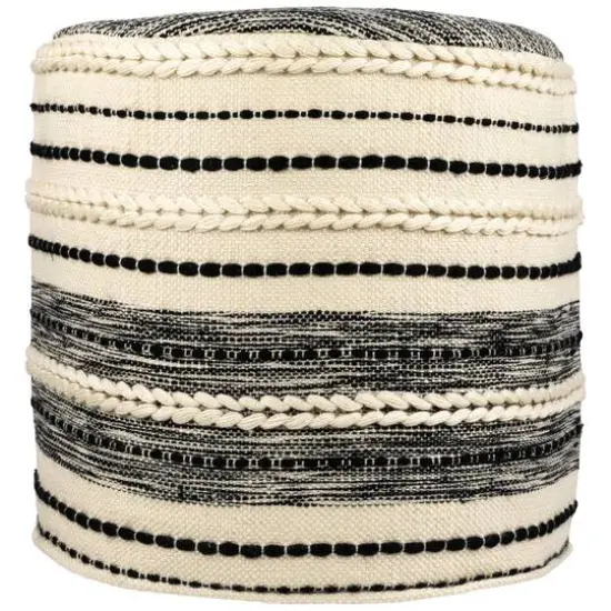 18" Cream & Black Woven Stripes Outdoor Pouf Ottoman {4}