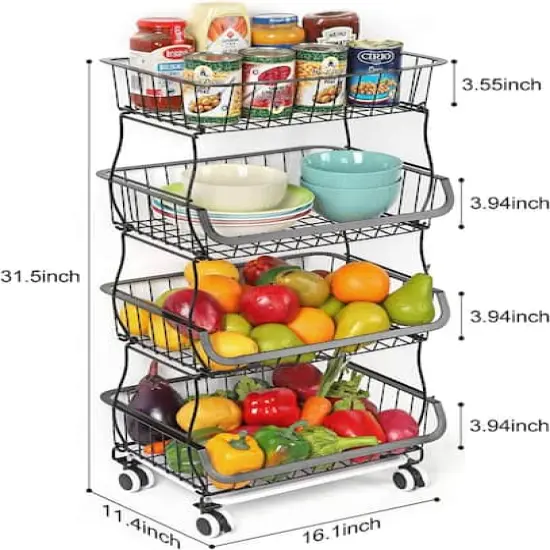 Black 4-Tier Fruit Storage Basket Rolling Cart {3}
