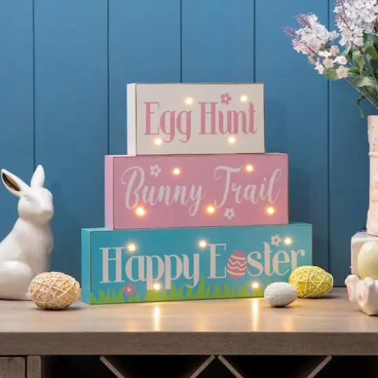 Glitzhome&reg; 12" Easter LED Lighted Wooden & Metal Block Word Sign {3}