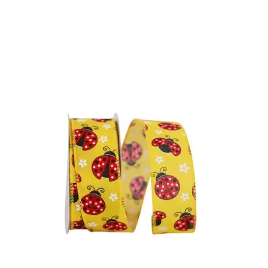 JAM Paper 1.5" x 20yd. Faux Linen Wired Yellow Ladybugs Ribbon {1}