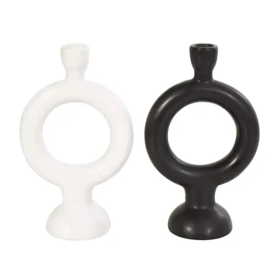 CosmoLiving by Cosmopolitan 9" Black & White Ceramic Geometric Ring Taper Candle Holder Set {1}