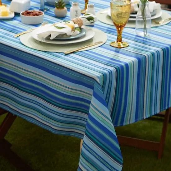Blue Ocean Stripe Print Outdoor Tablecloth with Zipper, 60" Round {5}